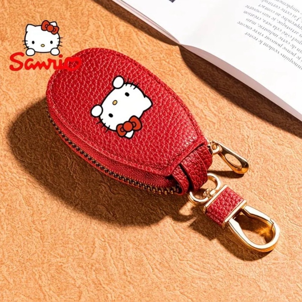Sanrio Red Hello Kitty Pebbled Leather Key & Card Pouch with Gold Hardware